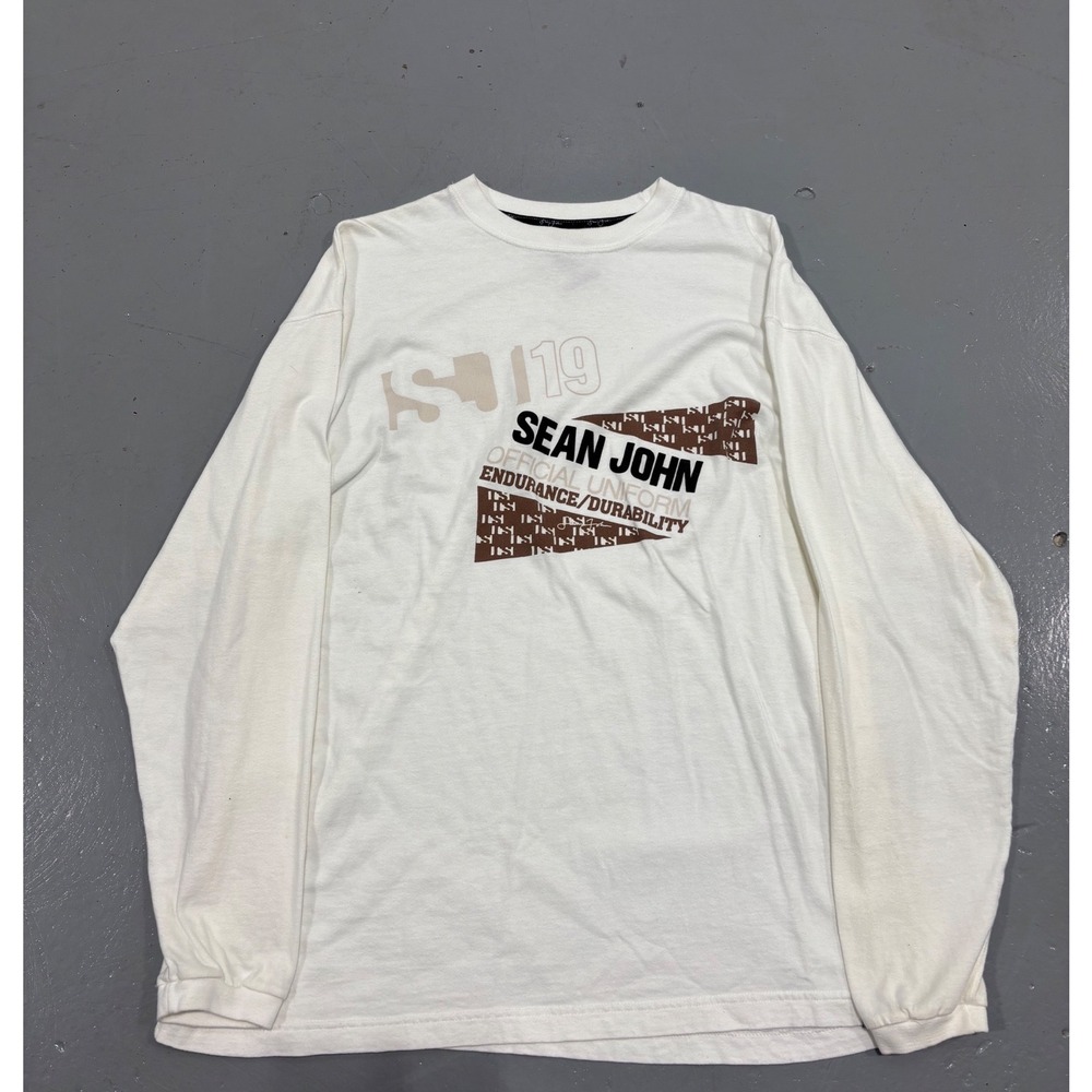 Sean John Mens Long Sleeve Graphic‎ T-Shirt Off White Cream Cotton Large SJ19